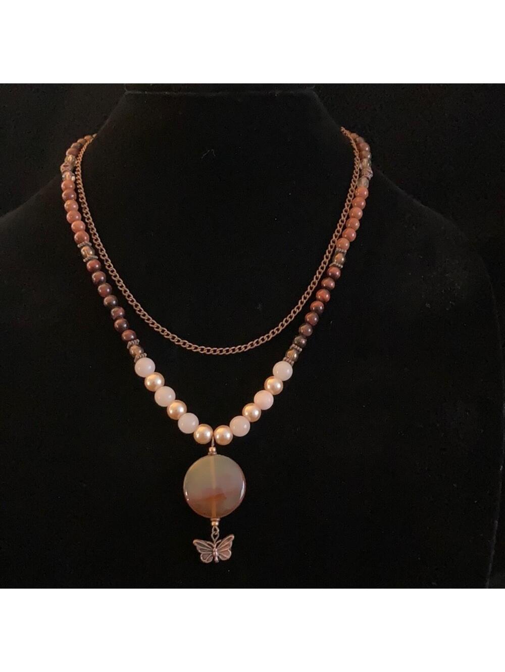 Copper and stone butterfly pendant necklace